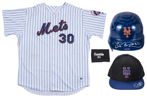Lot of (4) Cliff Floyd Game Used & Signed New York Mets Home Jersey, Batting Helmet, Wrist Band & Cap (Mets-Steiner & Beckett)